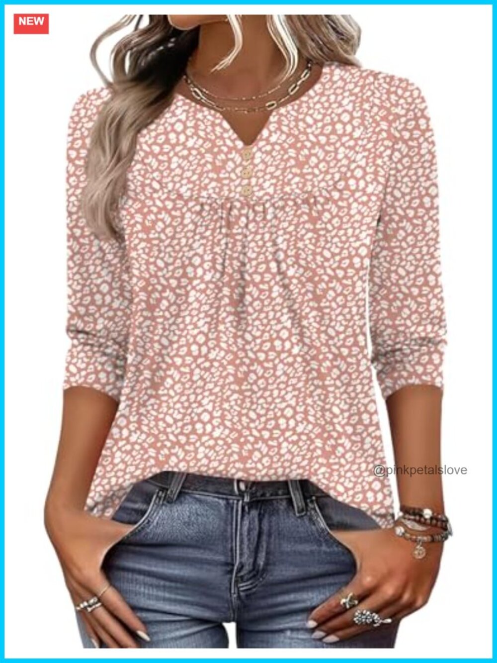 Women's 3/4 Sleeve Henley V Neck Tunic Blouse Loose Fit Summer Top